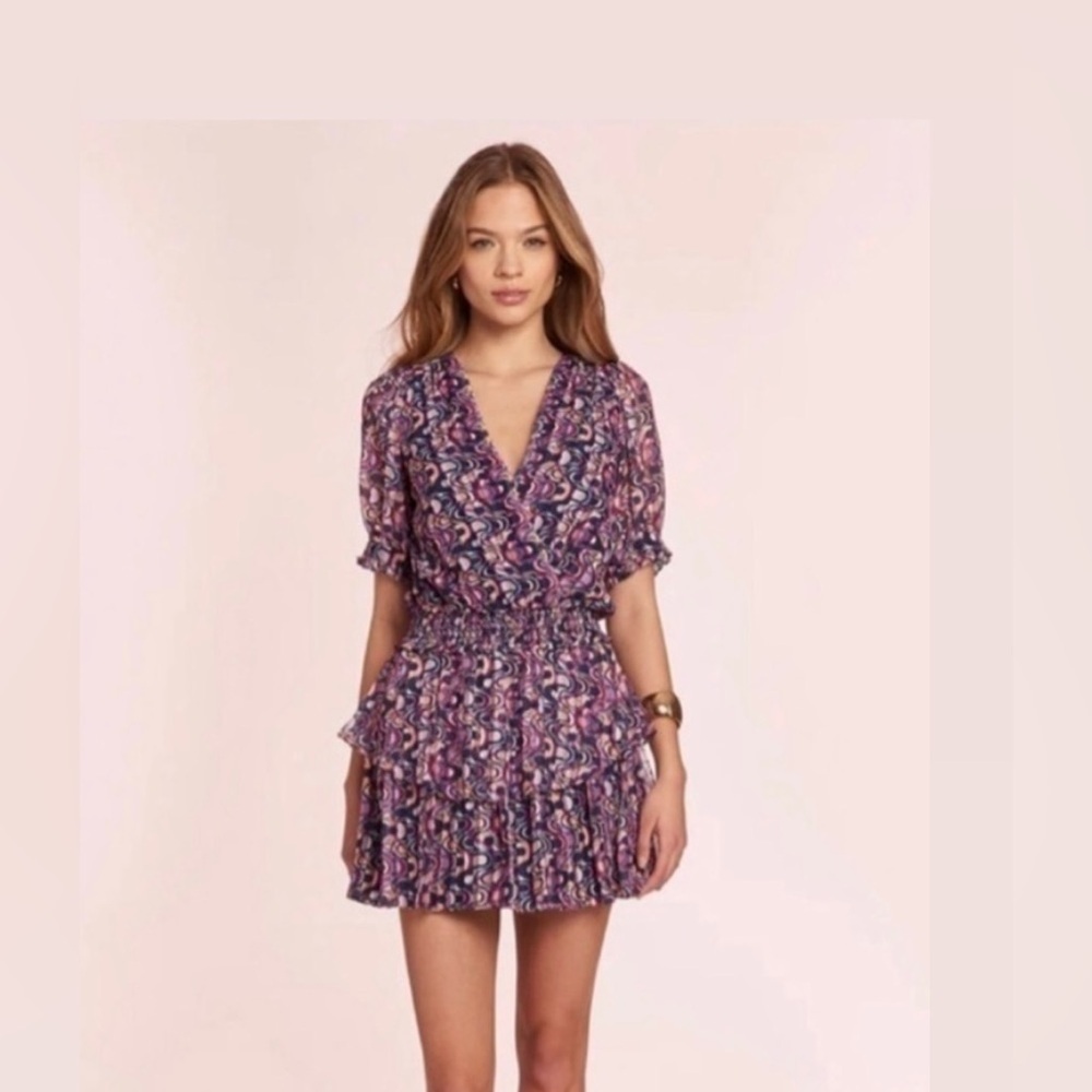 Amanda Uprichard Adriel Ruffle Mini Dress Purple Paisley Boho SZ S NWOT